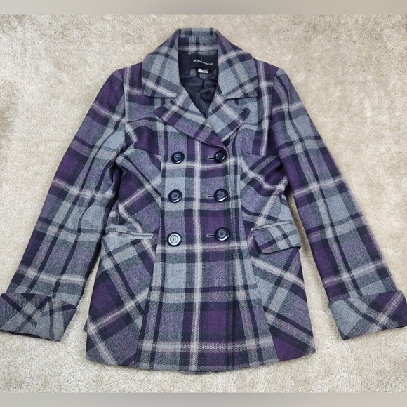 Moda International Wool Blend Purple Grey Plaid Tartan Winter Peacoat Women's XS - Picture 3 of 16